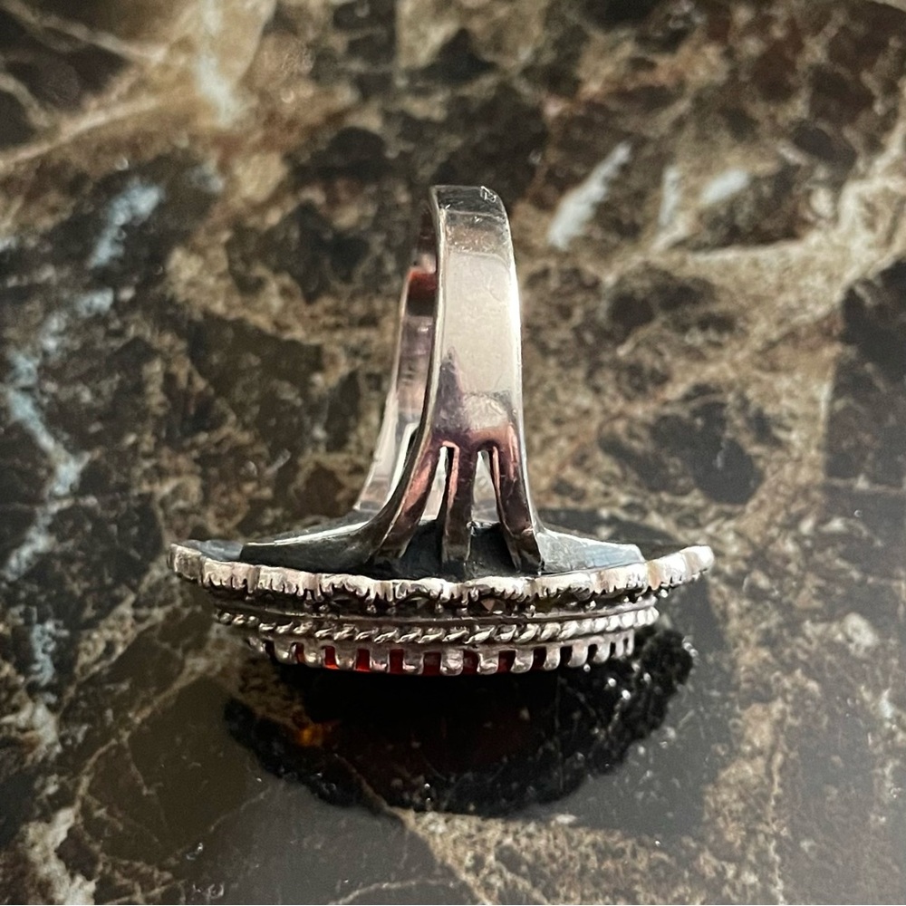 Vintage Amber Glass and Marcasite Marquis sterling silver ring - Picture 7 of 9